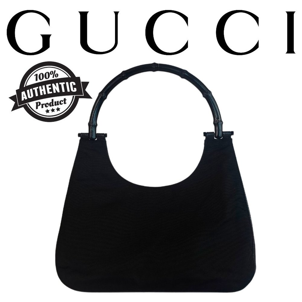 Gucci Nylon Leather Trimmed Bamboo Hobo Shoulder Bag Black